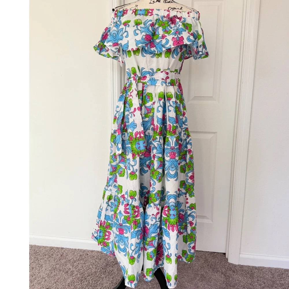 Fame Istanbul Floral Off Shoulder Maxi Dress White Blue Pink Green Tiered M - Picture 11 of 14